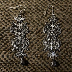 Moroccan Style Drop Earrings, Silver tone, 3” drop